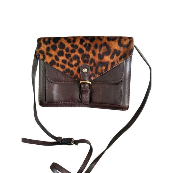Patricia Nash Cassano Leopard Crossbody Bag Chocolate Leather and Cow Hide - Picture 1 of 10